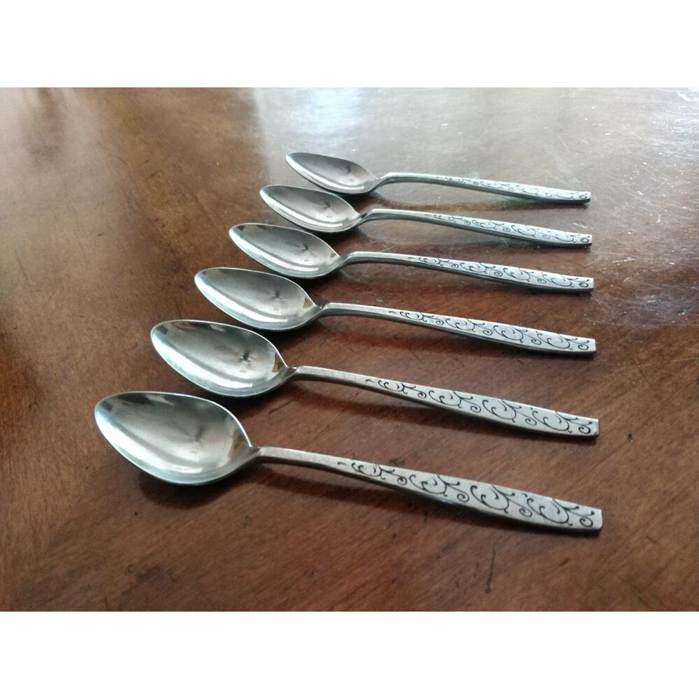 Vtg Lot 6+1  Teaspoons Stainless Grand Prix Florentine Black Swirl Design Japan